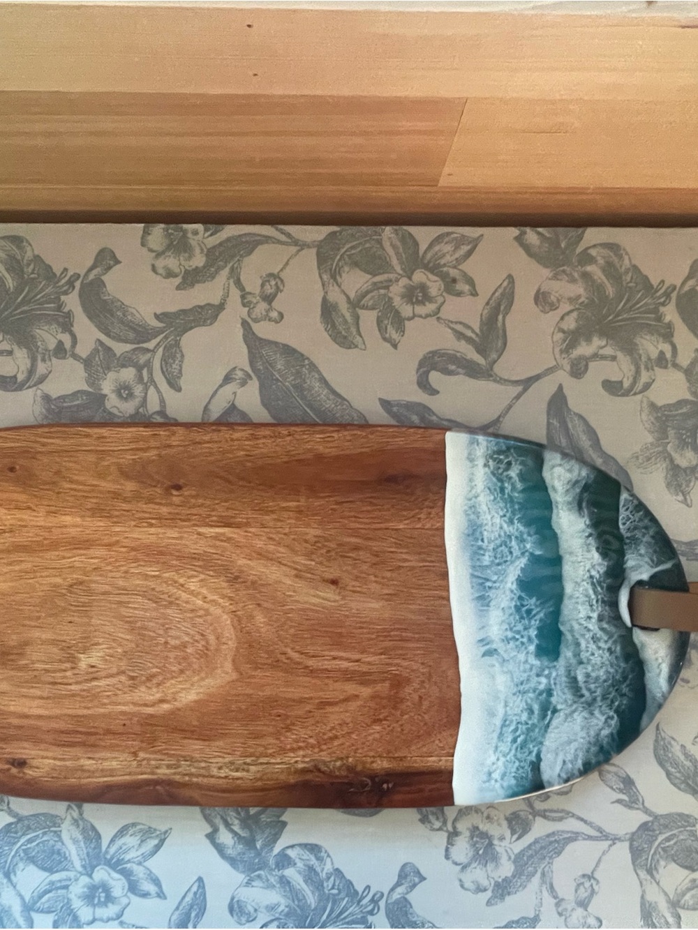 Handmade Wood Serving Board with Ocean Resin Edge - Blue & White
